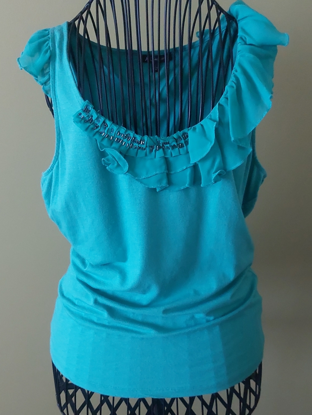 Anne Klein Turquoise Ruffle  Tank with Bead Detail